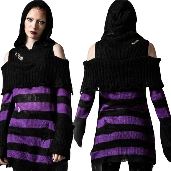 KILLSTAR Salvia Hooded Long Stripe Knit Distressed Sweater - Picture 2 of 11